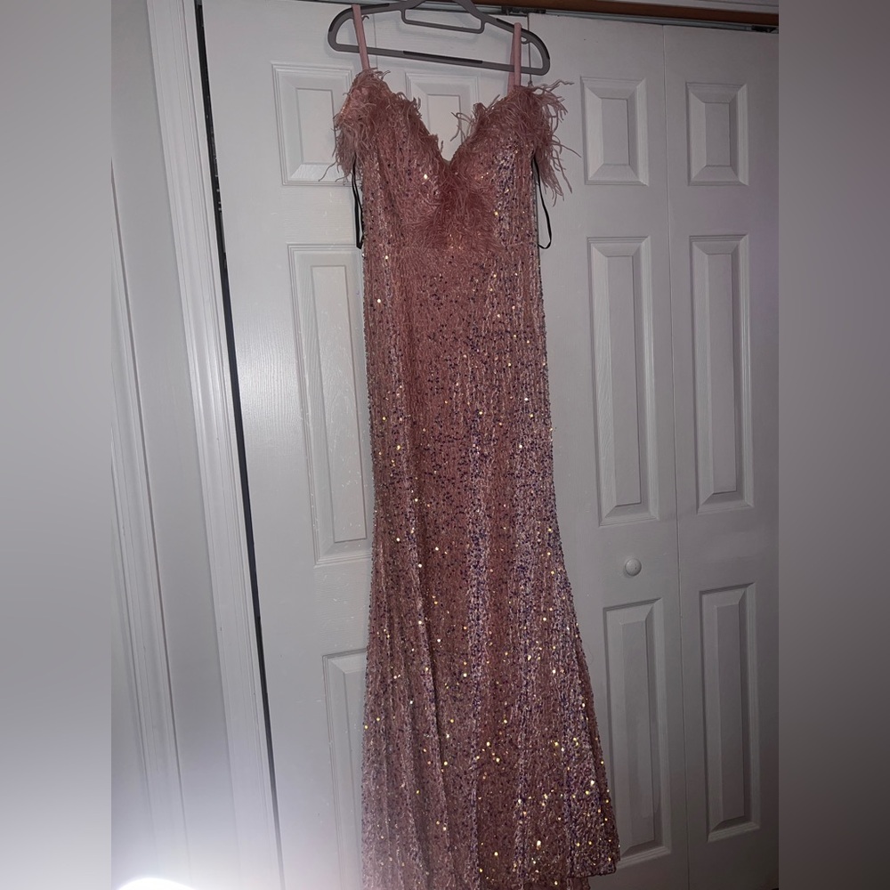 Pink Sequin Feather Trim Dress